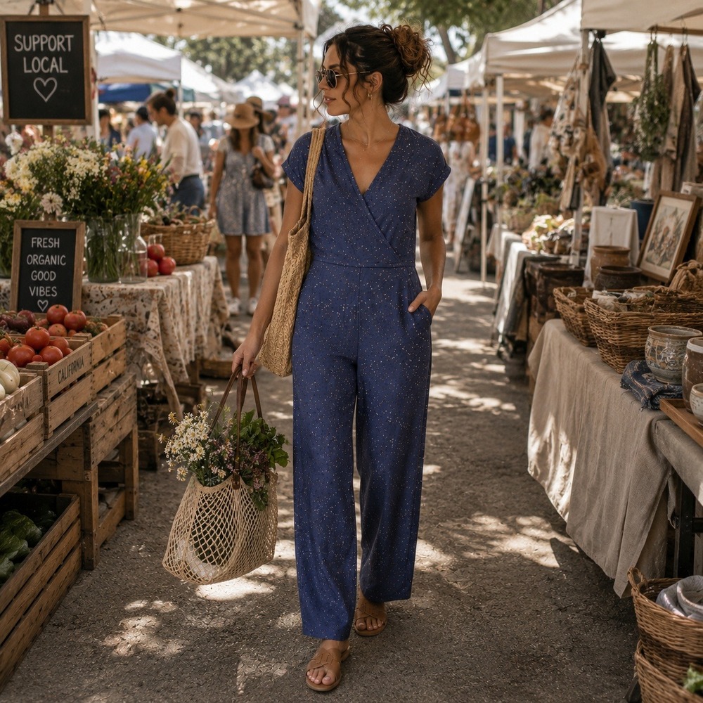 PACT Blue Sparrows Print Faux Wrap Short Sleeve V Neck Jumpsuit Medium Organic